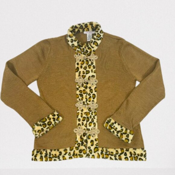 Vintage Victor Costa Wool Blend Cardigan Jacket Faux Fur Trim Golden Loops M Tan - Picture 8 of 8